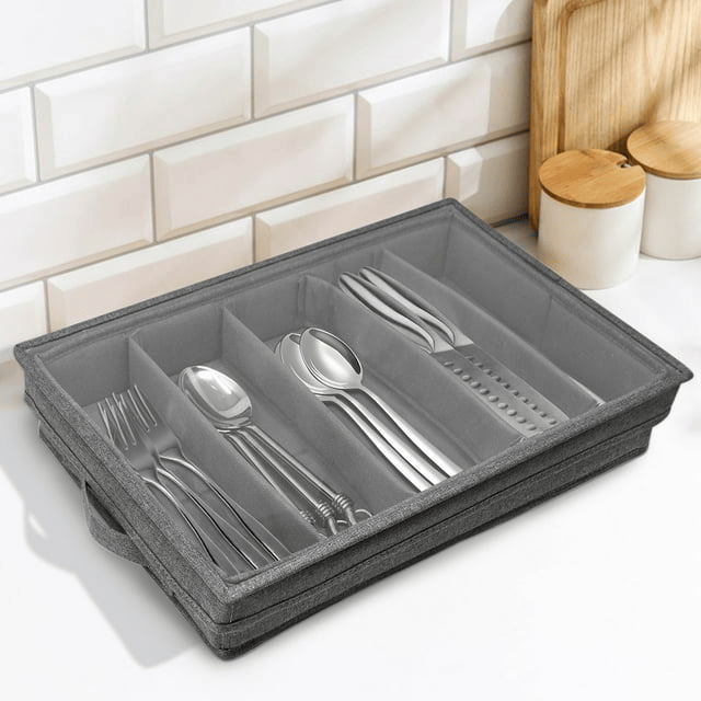 Flatware Storage Case with PVC Lid 5 Compartment Foldable Utensil Storage Box Silverware Storage Box Chest Cutlery Storage Holder with Handle for Home Kitchen Utensils - SJB-DIAMOND ELITES