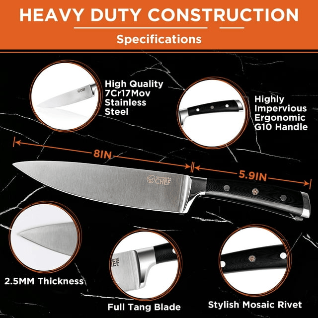 Commercial Chef Pro Chef Knife 8 inch Blade with Triple Rivet Ergonomic G10 Handle with Knife Sharpener - 7Cr17Mov High Carbon Stainless Steel Forged Chef's Knife Razor Sharp Full Tang Sharp Japanese - SJB-DIAMOND ELITES