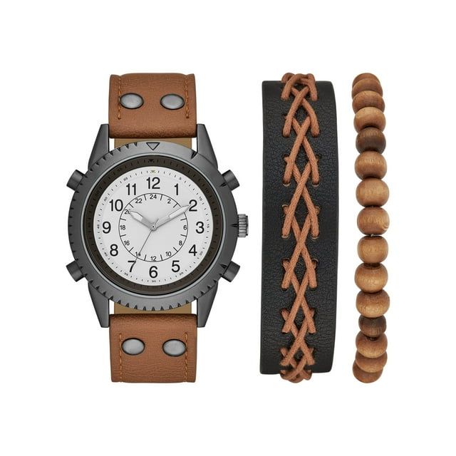 GEORGE Men's Gunmetal Analog Watch Set: White Dial, Brown Vegan Leather, Bonus Bracelets (FMDXGE012).