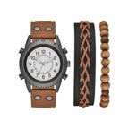 GEORGE Men's Gunmetal Analog Watch Set: White Dial, Brown Vegan Leather, Bonus Bracelets (FMDXGE012).
