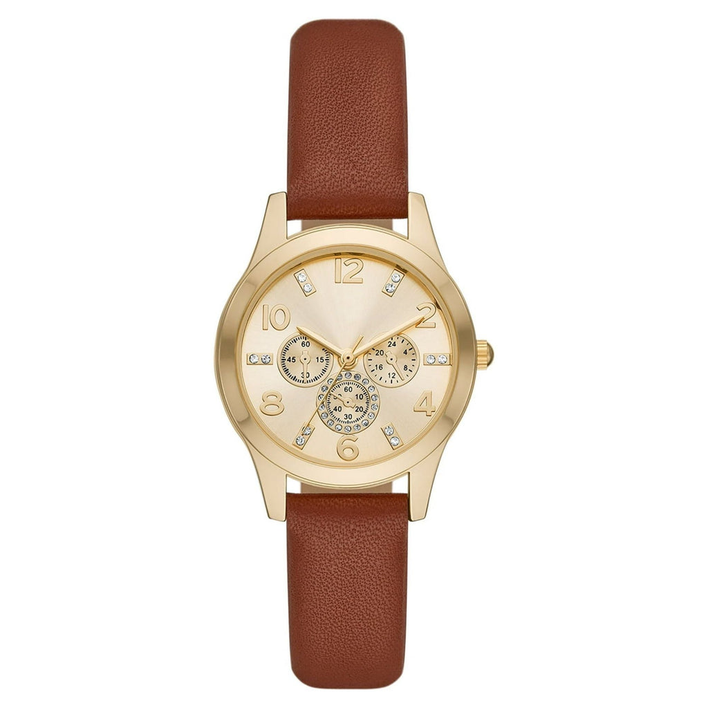Time and Tru Women's Gold Tone Crystal Accent Watch with Faux Leather Strap
