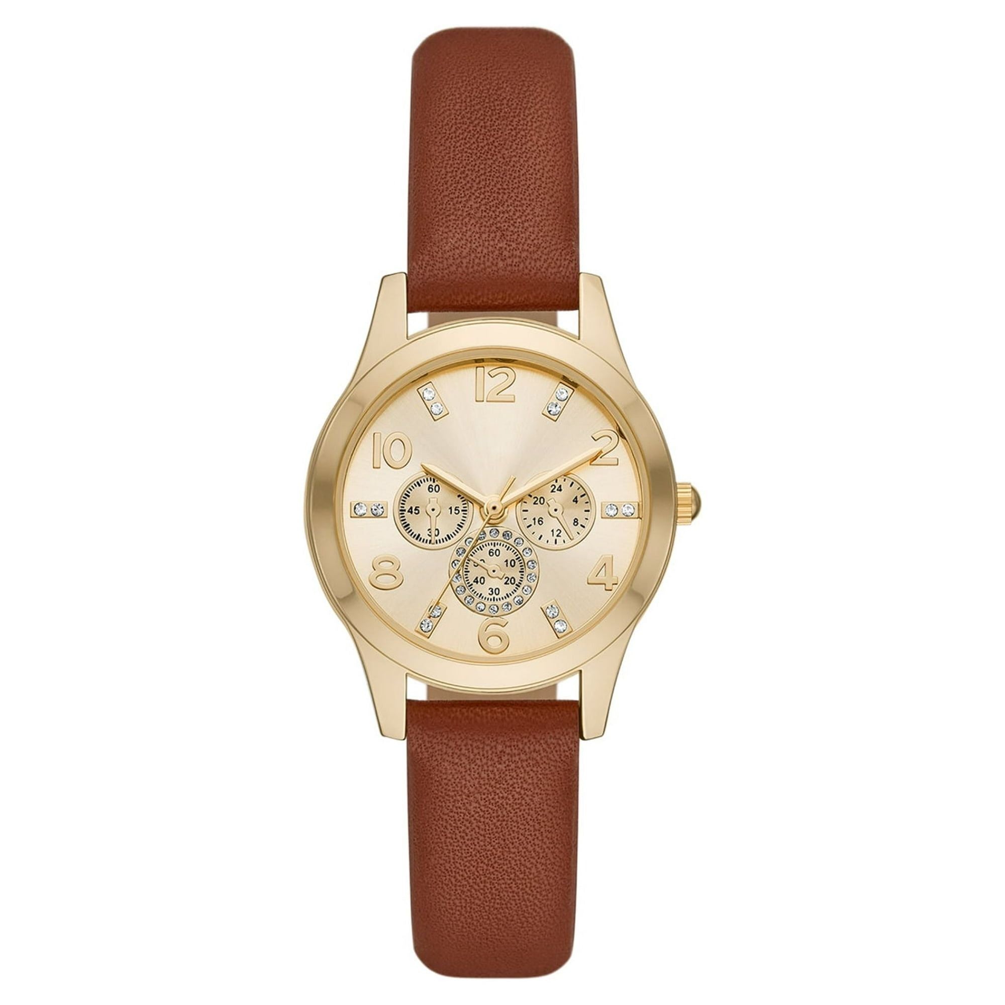 Time and Tru Women's Gold Tone Crystal Accent Watch with Faux Leather Strap