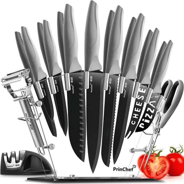 PrinChef Knife Set, 19 Pcs Rust Proof Knives Set for Kitchen, with Acrylic Stand, Sharpener, Scissors and Peeler, Stainless Steel knife sets with Black Coating, Nonstick and No Scratch - SJB-DIAMOND ELITES