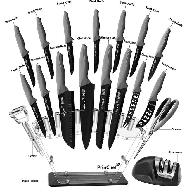 PrinChef Knife Set, 19 Pcs Rust Proof Knives Set for Kitchen, with Acrylic Stand, Sharpener, Scissors and Peeler, Stainless Steel knife sets with Black Coating, Nonstick and No Scratch - SJB-DIAMOND ELITES