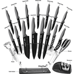 PrinChef Knife Set, 19 Pcs Rust Proof Knives Set for Kitchen, with Acrylic Stand, Sharpener, Scissors and Peeler, Stainless Steel knife sets with Black Coating, Nonstick and No Scratch - SJB-DIAMOND ELITES