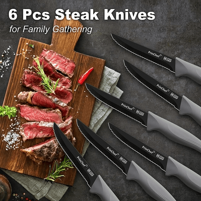 PrinChef Knife Set, 19 Pcs Rust Proof Knives Set for Kitchen, with Acrylic Stand, Sharpener, Scissors and Peeler, Stainless Steel knife sets with Black Coating, Nonstick and No Scratch - SJB-DIAMOND ELITES