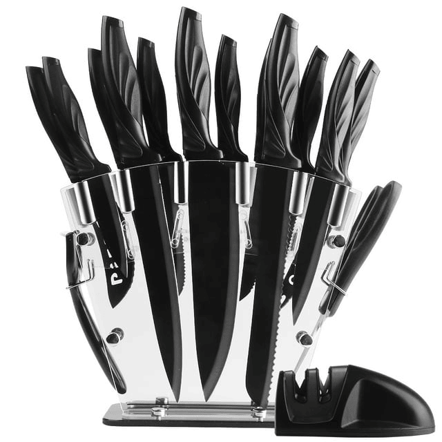 Knife Set with Block,Sharpener,Acrylic Stand 17 PCS Black High Carbon Stainless Steel Kitchen Knives - SJB-DIAMOND ELITES