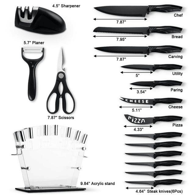 Knife Set with Block,Sharpener,Acrylic Stand 17 PCS Black High Carbon Stainless Steel Kitchen Knives - SJB-DIAMOND ELITES