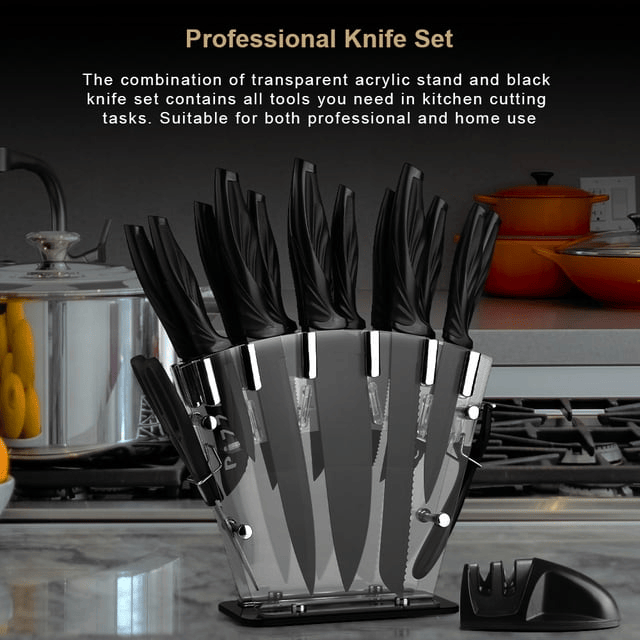 Knife Set with Block,Sharpener,Acrylic Stand 17 PCS Black High Carbon Stainless Steel Kitchen Knives - SJB-DIAMOND ELITES