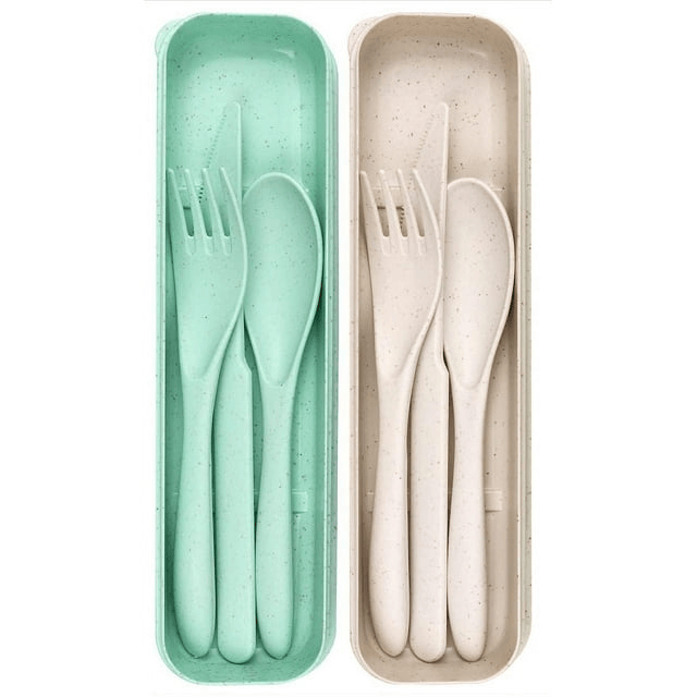 2 Pack Reusable Travel Utensils Set with Case, Wheat Straw Portable Knife Fork Spoons Tableware, Eco-Friendly Cutlery for Kids Adults Travel Picnic Camping Utensils, Green and Beige - SJB-DIAMOND ELITES
