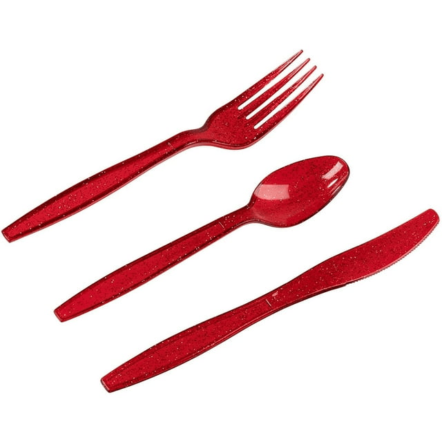 96 Pieces Red Plastic Silverware Set with Spoons, Forks, and Knives for Parties, Birthday, Dinnerware Supplies (Serves 32) - SJB-DIAMOND ELITES