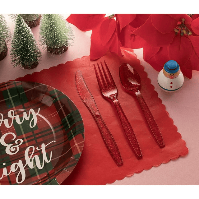 96 Pieces Red Plastic Silverware Set with Spoons, Forks, and Knives for Parties, Birthday, Dinnerware Supplies (Serves 32) - SJB-DIAMOND ELITES