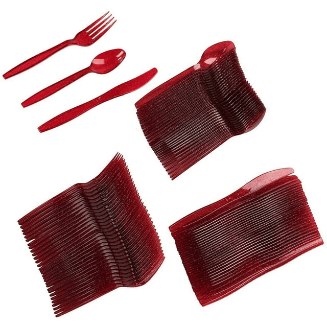 96 Pieces Red Plastic Silverware Set with Spoons, Forks, and Knives for Parties, Birthday, Dinnerware Supplies (Serves 32) - SJB-DIAMOND ELITES