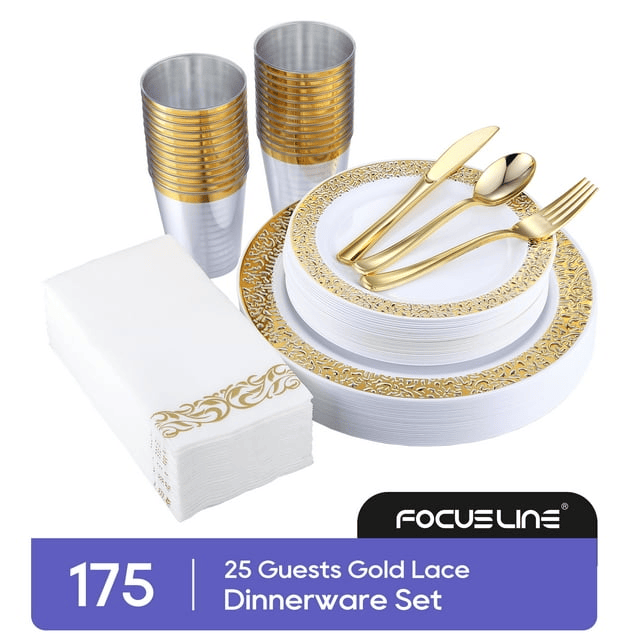 175 Piece Gold Dinnerware Set 25 Guest-50 Gold Lace Plastic Plates-25 Gold Plastic Silverware-25 Gold Plastic Cups-25 Linen Feel Gold Paper Napkins, FOCUSLINE Disposable Dinnerware Set - SJB-DIAMOND ELITES