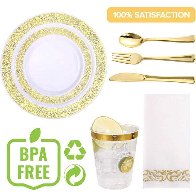175 Piece Gold Dinnerware Set 25 Guest-50 Gold Lace Plastic Plates-25 Gold Plastic Silverware-25 Gold Plastic Cups-25 Linen Feel Gold Paper Napkins, FOCUSLINE Disposable Dinnerware Set - SJB-DIAMOND ELITES