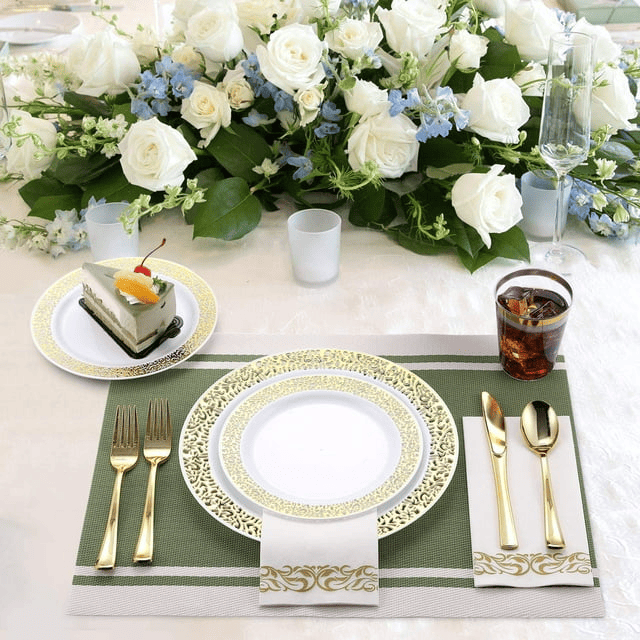 175 Piece Gold Dinnerware Set 25 Guest-50 Gold Lace Plastic Plates-25 Gold Plastic Silverware-25 Gold Plastic Cups-25 Linen Feel Gold Paper Napkins, FOCUSLINE Disposable Dinnerware Set - SJB-DIAMOND ELITES