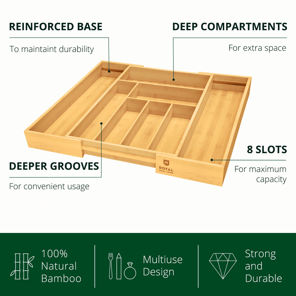 Royal Craft Wood Kitchen Drawer Organizer 6-8 Slot, Expandable Silverware Utensil Organizer 17.00 x 19.00 x 2.00 Inches Natural Bamboo