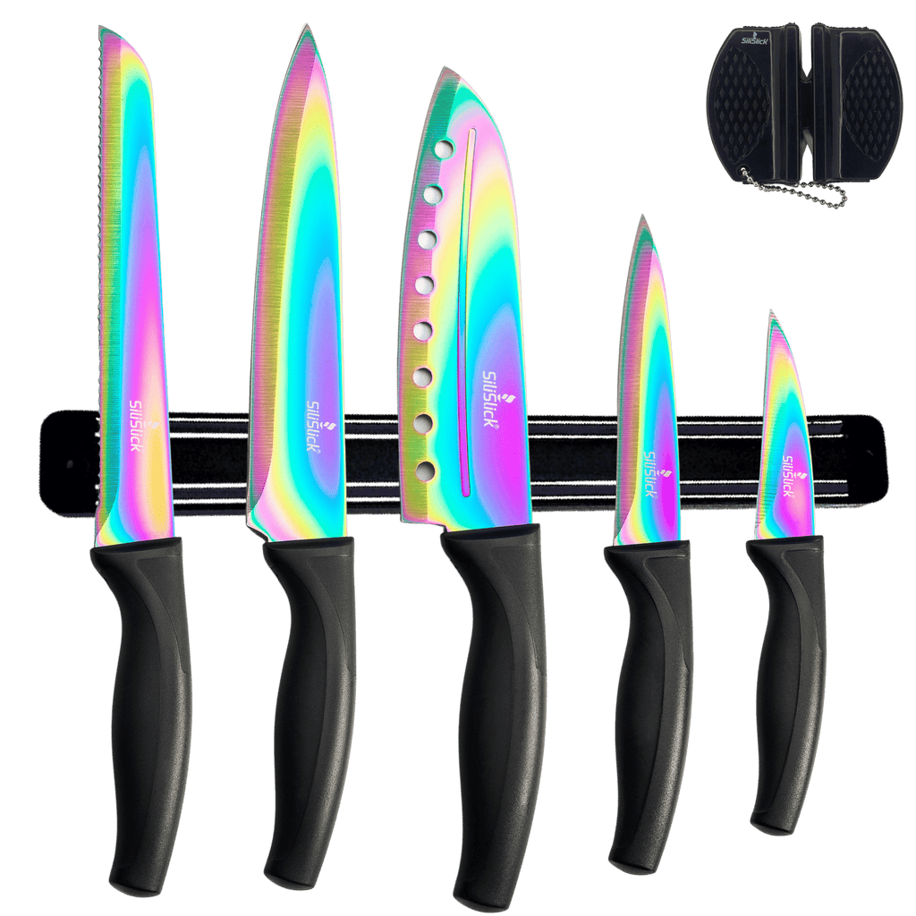 SiliSlick Kitchen Knife Set, Titanium Coated Stainless Steel Colorful Blades, Chef, Bread, Santoku Utility & Paring Knives, Magnetic Mounting Rack & Portable Sharpener