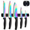 SiliSlick Kitchen Knife Set, Titanium Coated Stainless Steel Colorful Blades, Chef, Bread, Santoku Utility & Paring Knives, Magnetic Mounting Rack & Portable Sharpener
