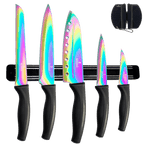 SiliSlick Kitchen Knife Set, Titanium Coated Stainless Steel Colorful Blades, Chef, Bread, Santoku Utility & Paring Knives, Magnetic Mounting Rack & Portable Sharpener
