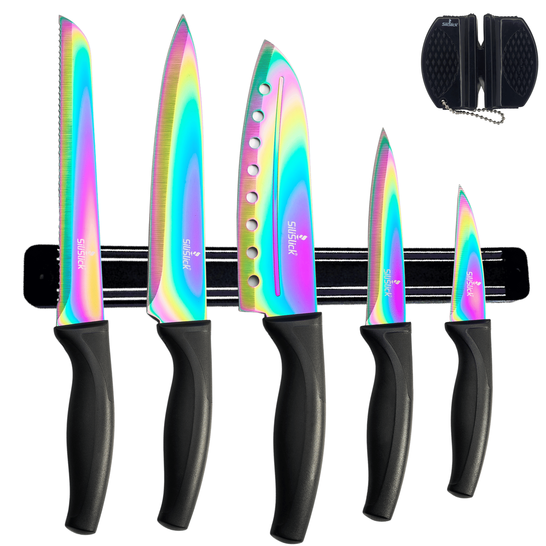 SiliSlick Kitchen Knife Set, Titanium Coated Stainless Steel Colorful Blades, Chef, Bread, Santoku Utility & Paring Knives, Magnetic Mounting Rack & Portable Sharpener