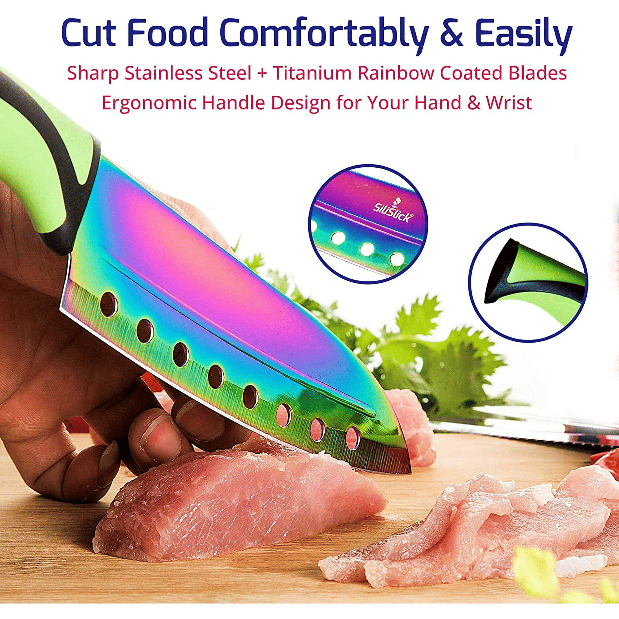 SiliSlick Kitchen Knife Set, Titanium Coated Stainless Steel Colorful Blades, Chef, Bread, Santoku Utility & Paring Knives, Magnetic Mounting Rack & Portable Sharpener