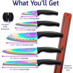 SiliSlick Kitchen Knife Set, Titanium Coated Stainless Steel Colorful Blades, Chef, Bread, Santoku Utility & Paring Knives, Magnetic Mounting Rack & Portable Sharpener