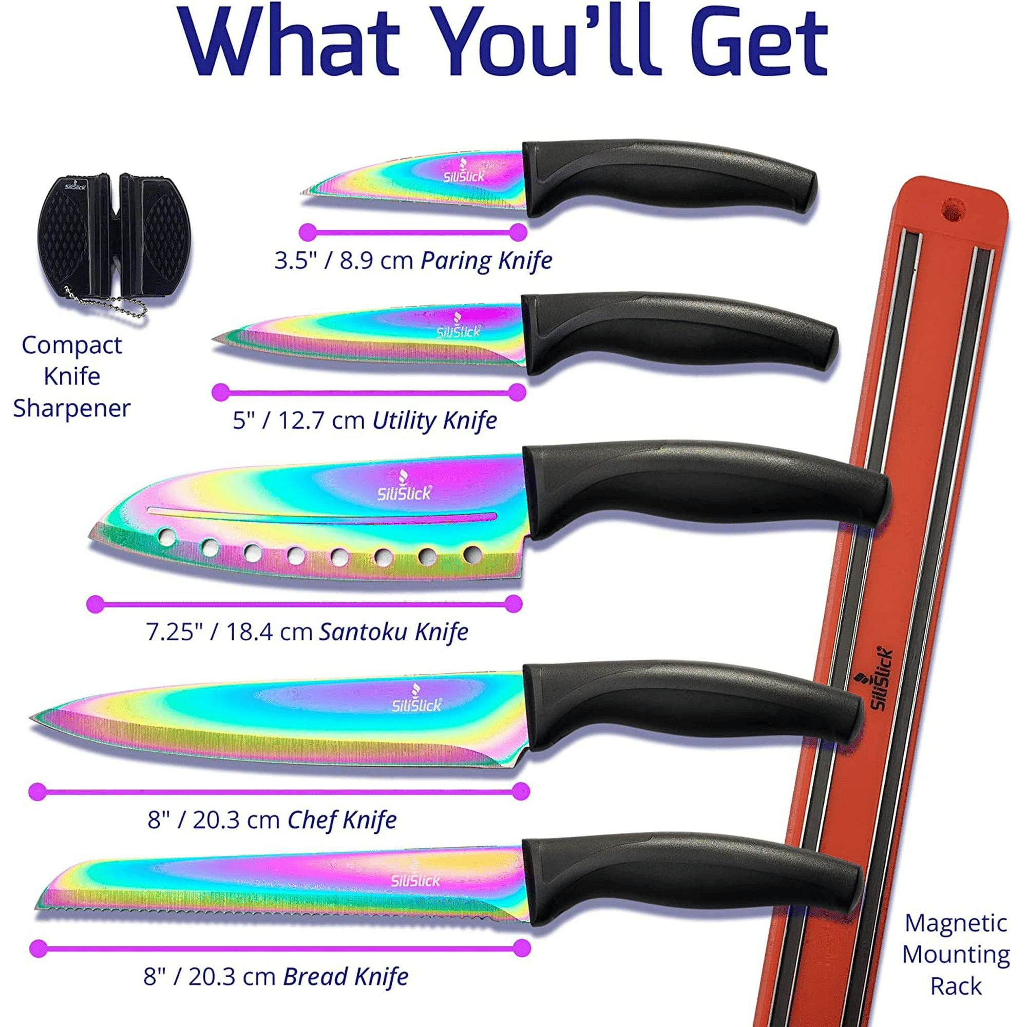 SiliSlick Kitchen Knife Set, Titanium Coated Stainless Steel Colorful Blades, Chef, Bread, Santoku Utility & Paring Knives, Magnetic Mounting Rack & Portable Sharpener