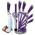 Kitchen Knife Set, 9-Pieces Purple Professional Chef Knife Set with Hollow Handle, Ultra Sharp Stainless Steel Knife Block Set with Accessories for Cutting Slicing Dicing Chopping
