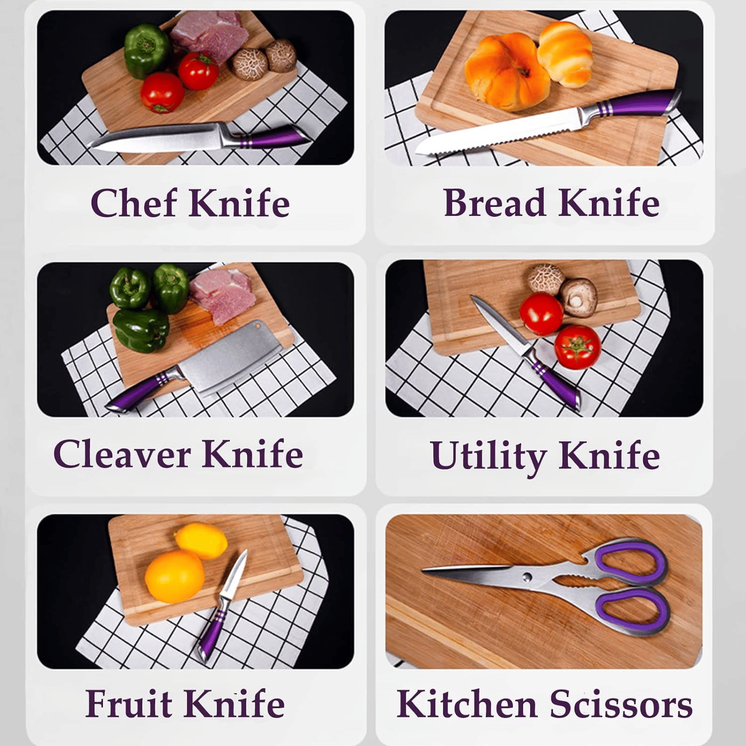 Kitchen Knife Set, 9-Pieces Purple Professional Chef Knife Set with Hollow Handle, Ultra Sharp Stainless Steel Knife Block Set with Accessories for Cutting Slicing Dicing Chopping
