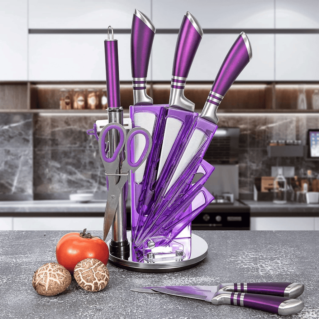 Kitchen Knife Set, 9-Pieces Purple Professional Chef Knife Set with Hollow Handle, Ultra Sharp Stainless Steel Knife Block Set with Accessories for Cutting Slicing Dicing Chopping