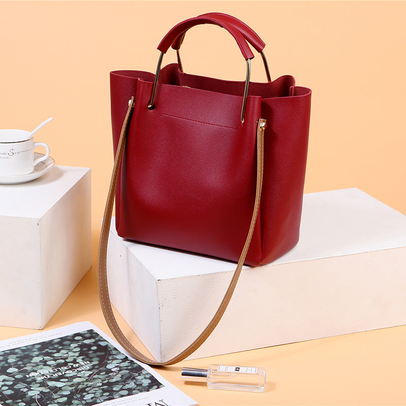Bag Women Summer New Korean Pure Color Women's Handbag Metal Handle Leisure Shoulder Bag Women's Bag Pi-Mart