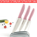 Maxfavor Pink 3pcs Ceramic Kitchen Knife Set Slicing Utility Paring 4" 5" 6" Knives Blade + Base