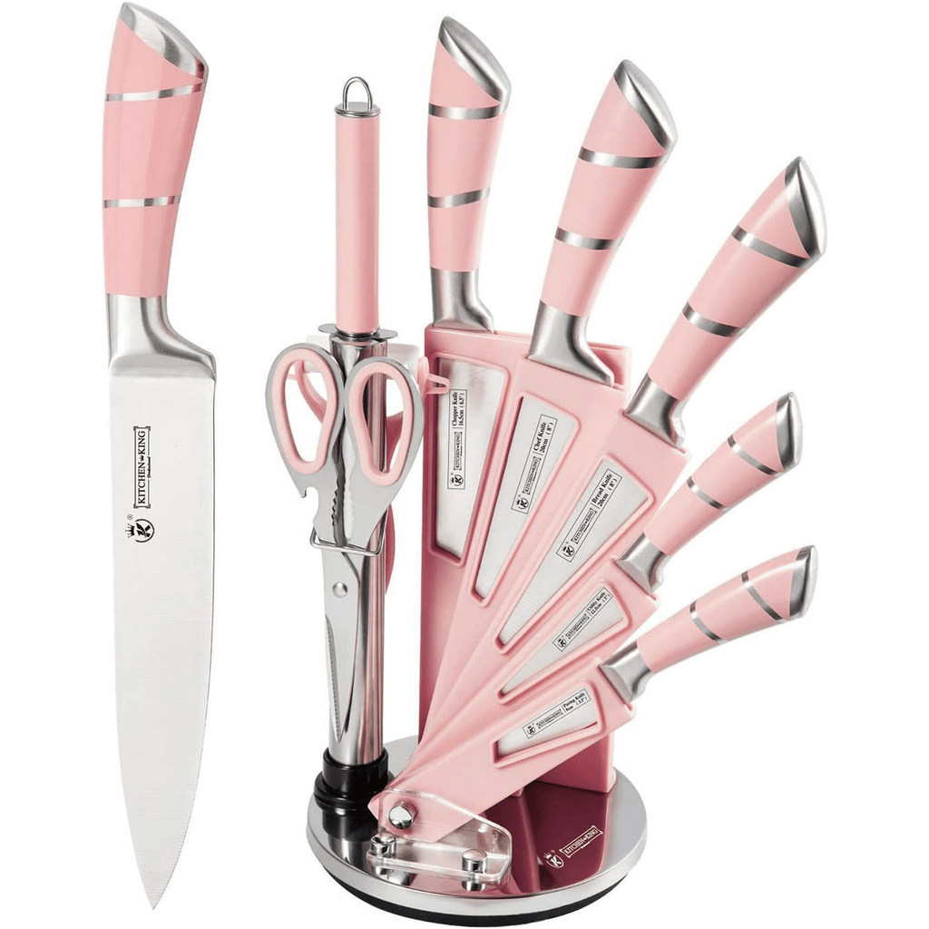 Kitchen Knife Set, 9-Pieces Pink Sharp Non-Stick Coated Chef Knives Block Set,Stainless Steel Knife Set for Kitchen with Sharpener for Cutting Slicing Dicing Chopping (Pink)