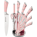 Kitchen Knife Set, 9-Pieces Pink Sharp Non-Stick Coated Chef Knives Block Set,Stainless Steel Knife Set for Kitchen with Sharpener for Cutting Slicing Dicing Chopping (Pink)