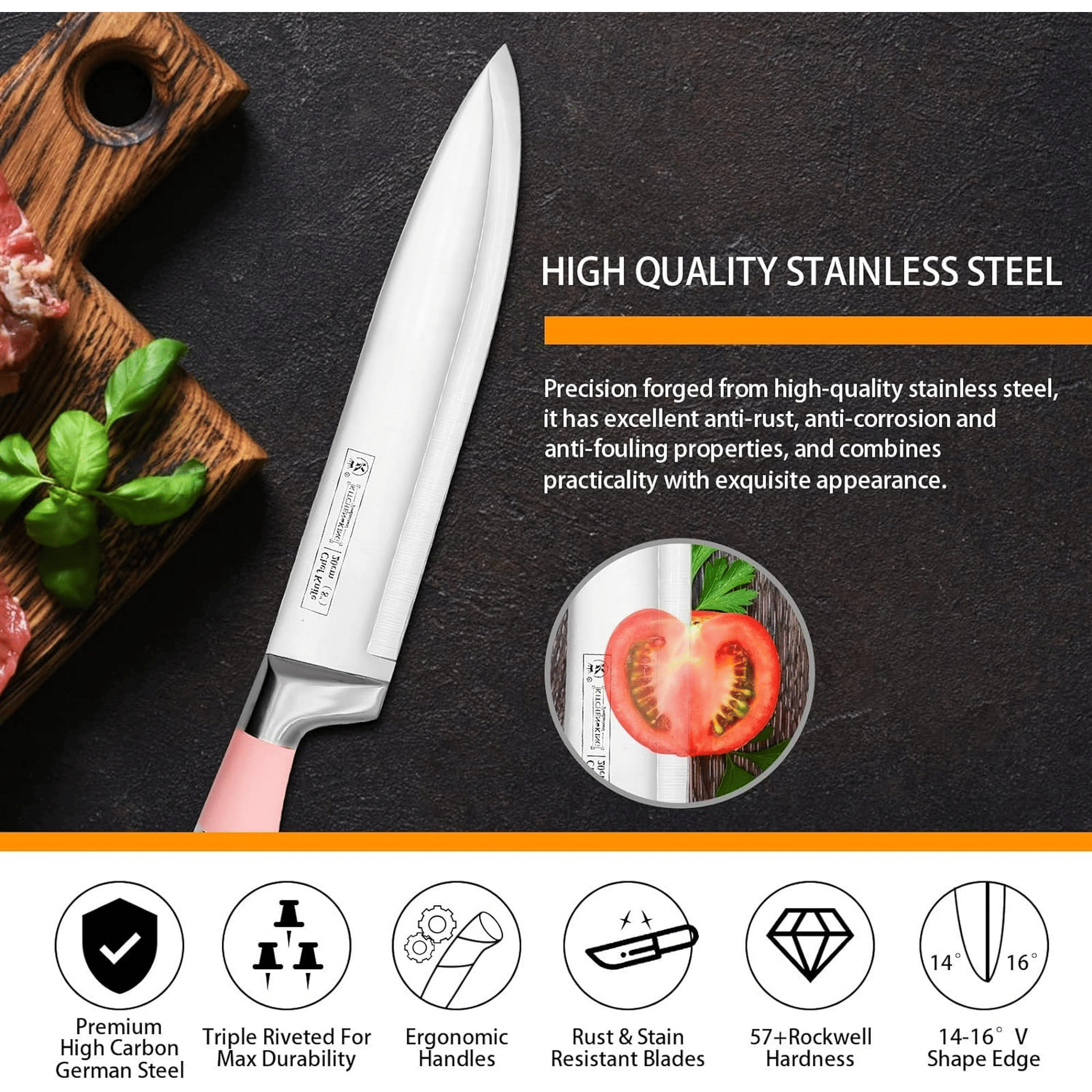 Kitchen Knife Set, 9-Pieces Pink Sharp Non-Stick Coated Chef Knives Block Set,Stainless Steel Knife Set for Kitchen with Sharpener for Cutting Slicing Dicing Chopping (Pink)