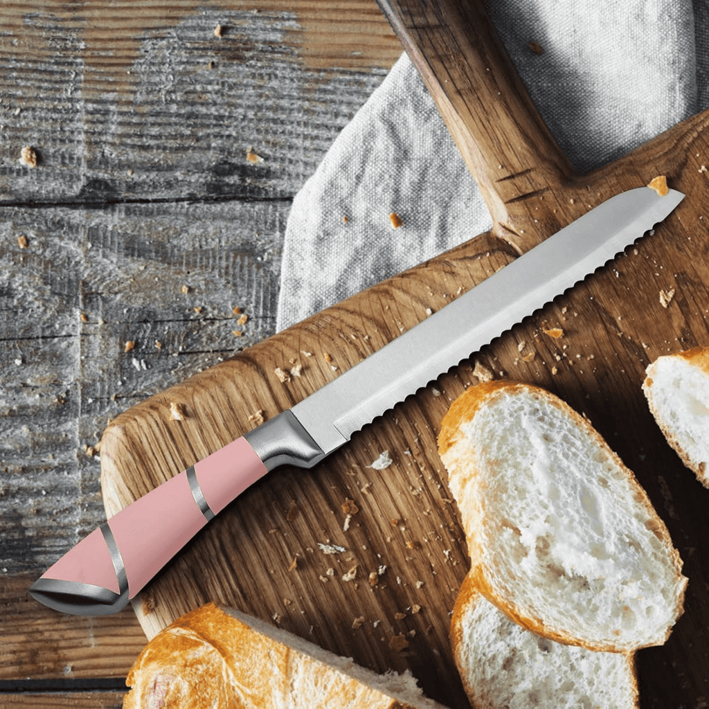 Kitchen Knife Set, 9-Pieces Pink Sharp Non-Stick Coated Chef Knives Block Set,Stainless Steel Knife Set for Kitchen with Sharpener for Cutting Slicing Dicing Chopping (Pink)