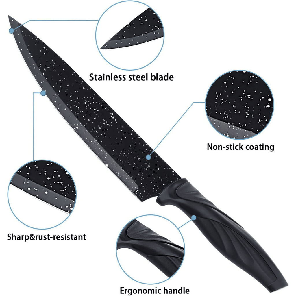 Mirdinner Knife Set of 6, Stainless Steel Kitchen Knives Set, with Non Stick Blades, Sharp Black Kitchen Knife Sets Dishwasher Safe, Chef Knife Set Includes Peeler