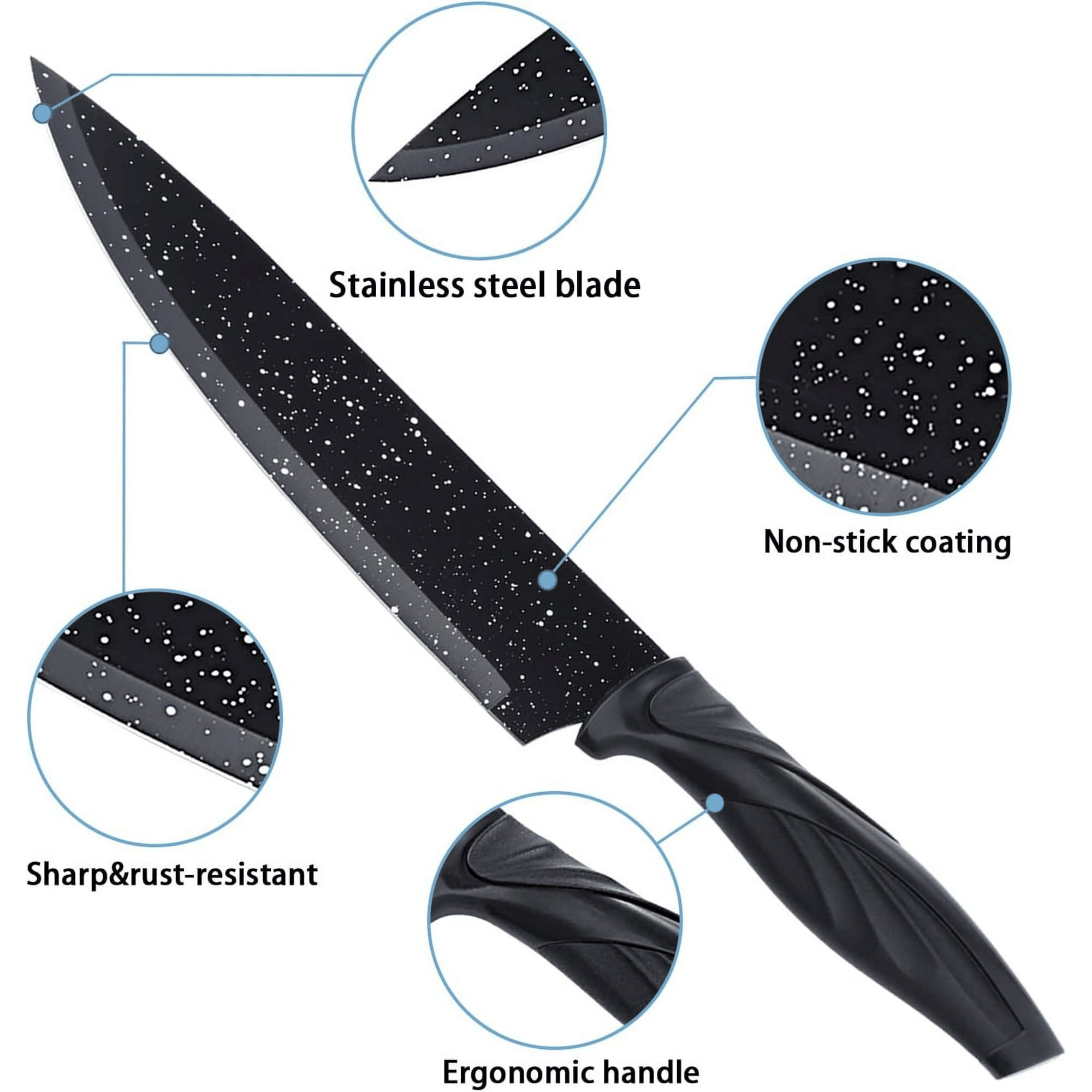 Mirdinner Knife Set of 6, Stainless Steel Kitchen Knives Set, with Non Stick Blades, Sharp Black Kitchen Knife Sets Dishwasher Safe, Chef Knife Set Includes Peeler