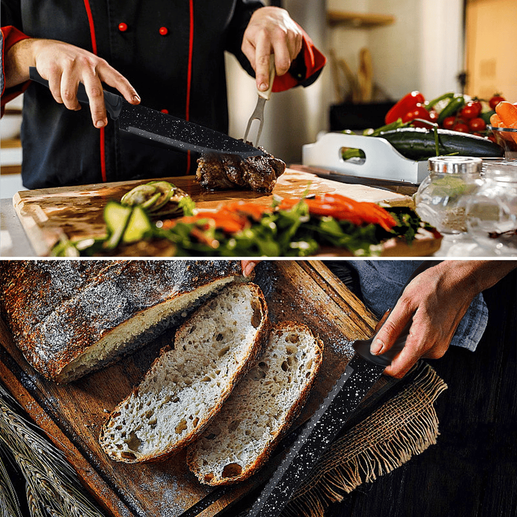 Mirdinner Knife Set of 6, Stainless Steel Kitchen Knives Set, with Non Stick Blades, Sharp Black Kitchen Knife Sets Dishwasher Safe, Chef Knife Set Includes Peeler