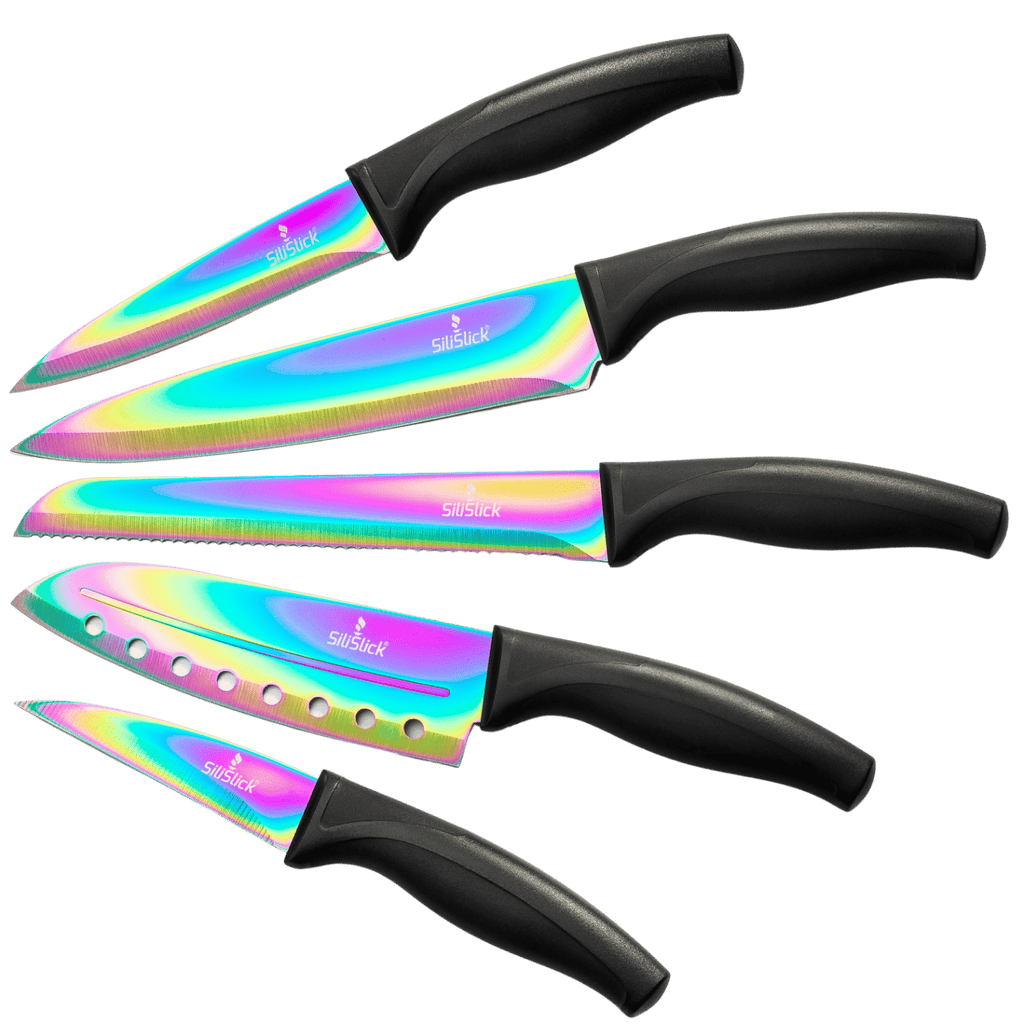 SiliSlick Kitchen Knife Set Titanium Coated Sharp Stainless Steel Rainbow Blades in its Own Sheath