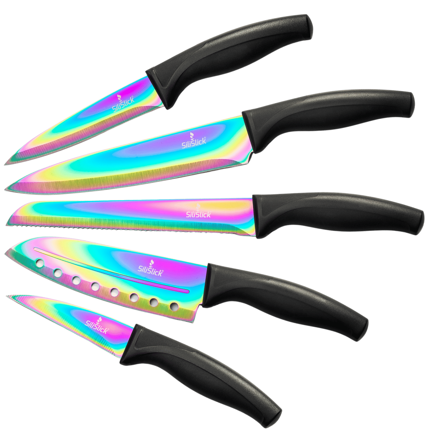 SiliSlick Kitchen Knife Set Titanium Coated Sharp Stainless Steel Rainbow Blades in its Own Sheath