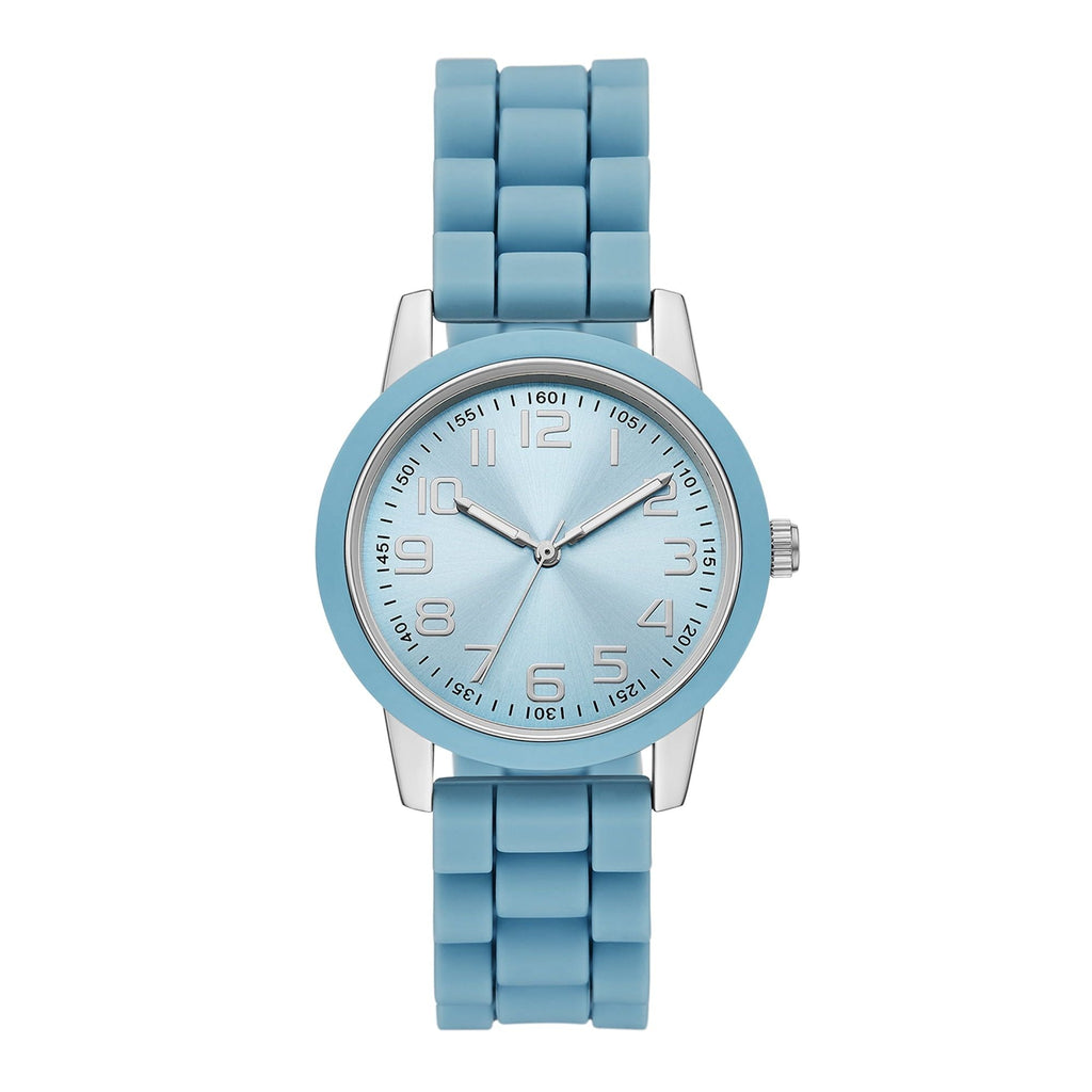 Time and Tru Ladies' Watch with Silver Round Case, Light Blue Bezel, Light Blue Sunray Dial and Light Blue Soft Silicone Strap (FMDOTT107)