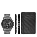 Folio Men's Watch Gift Set; Gunmetal Tone Bracelet Watch, Sunray Dial with Black Textured Card Case and 2 Beaded Bracelets (FMDAL1209)