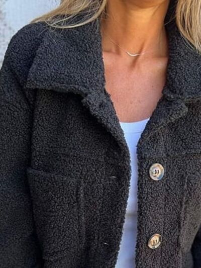 Comfortable Modern Women Full Size Fuzzy Button-Up Jacket with Drop Shoulder and Pockets Stevvex