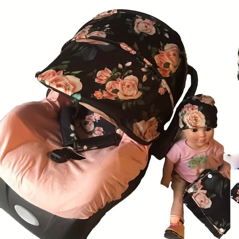 9pcs/set, Soft Breathable Cartoon Pattern Car Seat Cover Set, Including Car Seat Cover, Canopy, Headrest, Blanket, 2 Seat Belt Cushion Covers, Armrest Cushion Cover, Hat And Multi-Purpose Nursing Cover, Car Seat Not Included