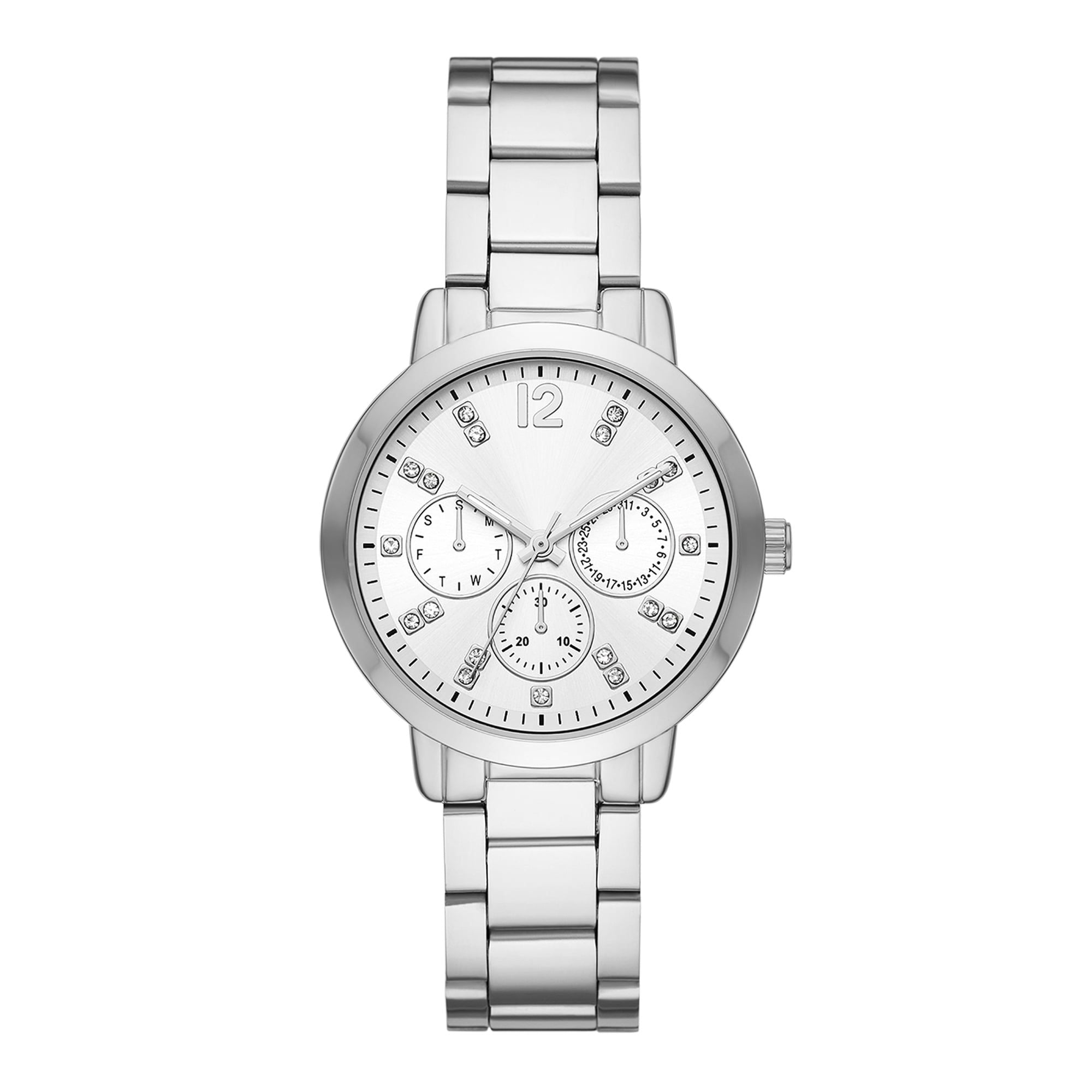 Time & Tru Women's Watch, Silver Tone Round Case and 3 Link Bracelet, Silver Sunray Dial with 3 Sub dials (FMDOTT109)