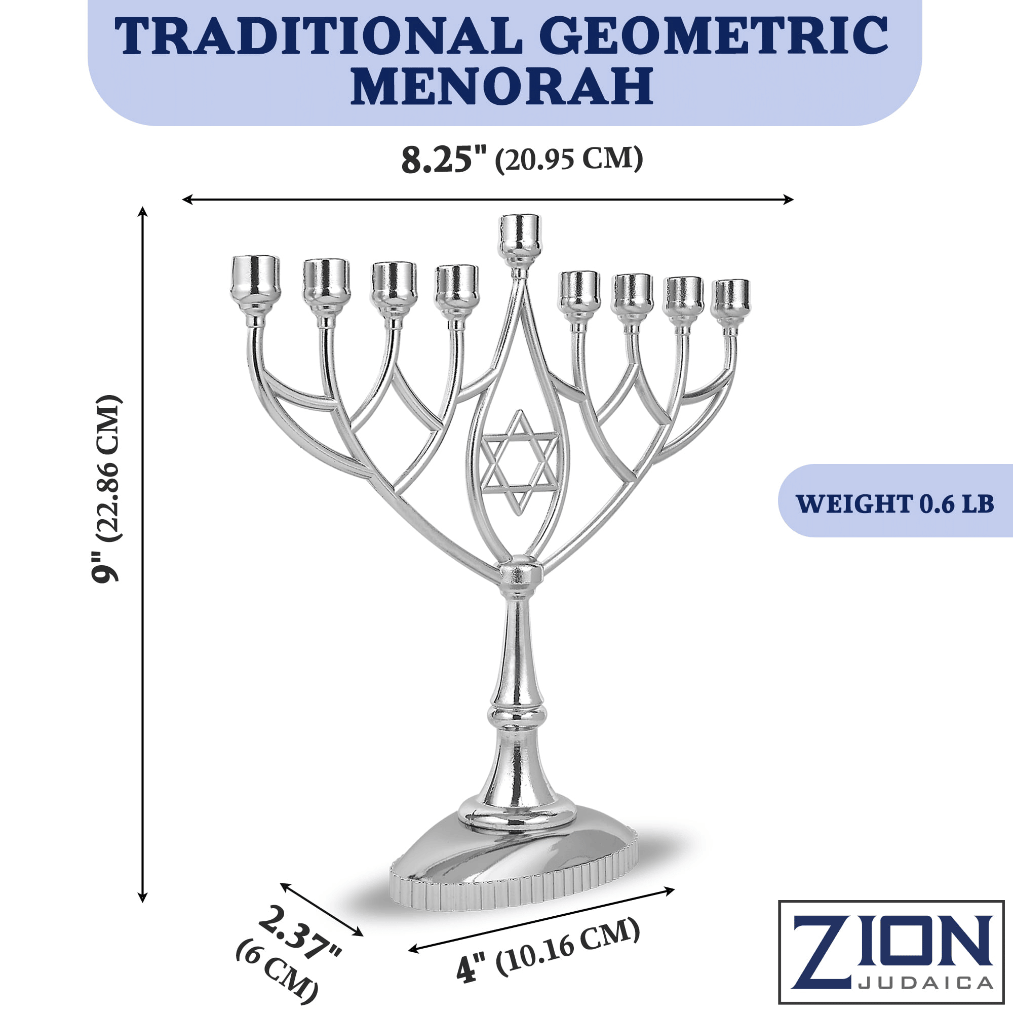 Traditional Classic Geometric H anukkah Menorah 9" Silver Plated C hanukah Candle Minorah Fits Standard Hanukah Candles by Zion J udaica