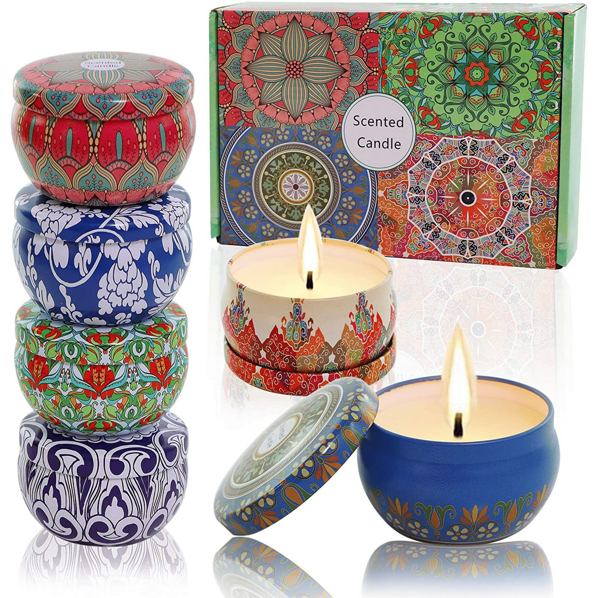 Scented Candles Soy Wax 6-Pack Gift Package Vanilla Lavender Rose Orange Lemon Amber Musk Natural for Stress Relief Aromatherapy Candle Sets Gifts for Women Men Lasting 120hours 2.5oz per tin