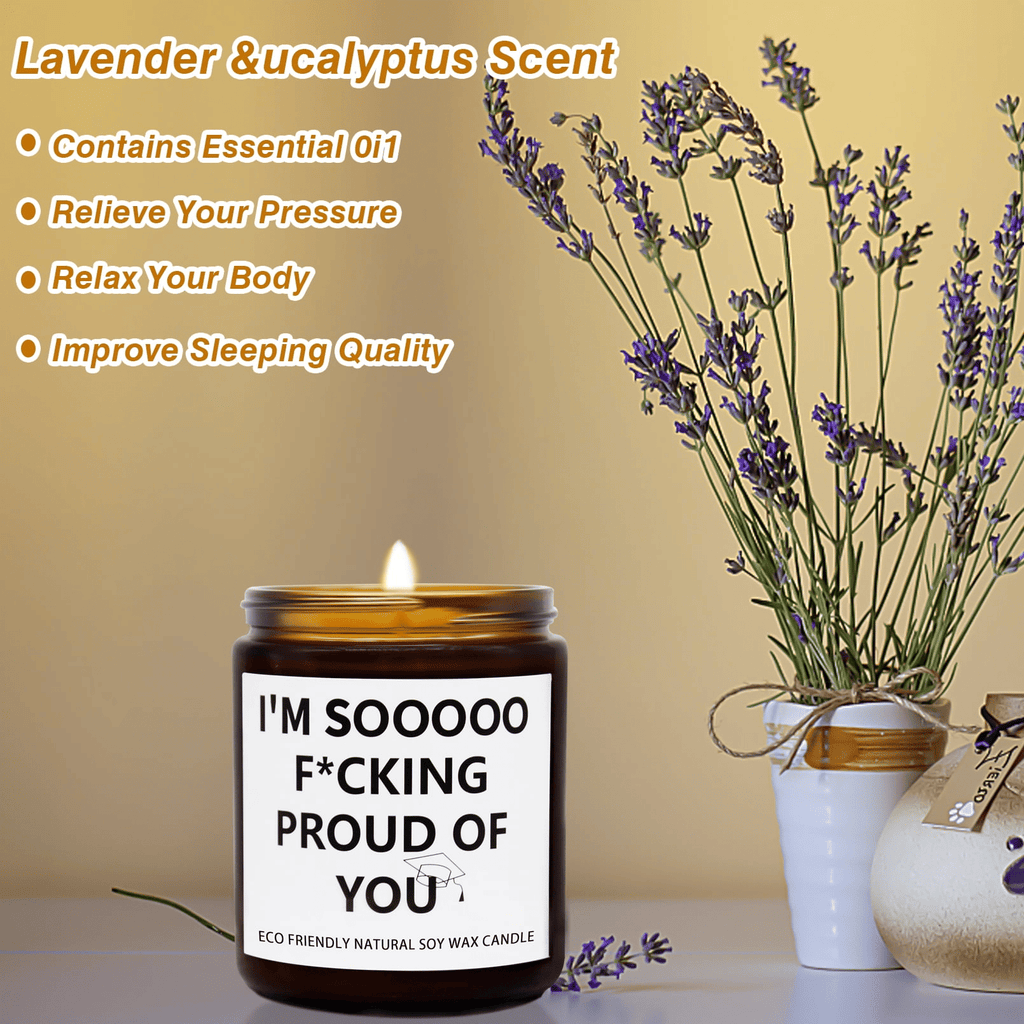 IRmm Funny Graduation Gift for Her/Him, Sooooo Proud of You Graduation Candle Soy Wax Lavender Scented Candle for Party Decorations College Grad Gift Birthday Gift